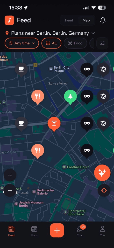 Let's Join app map showing nearby plans in Berlin